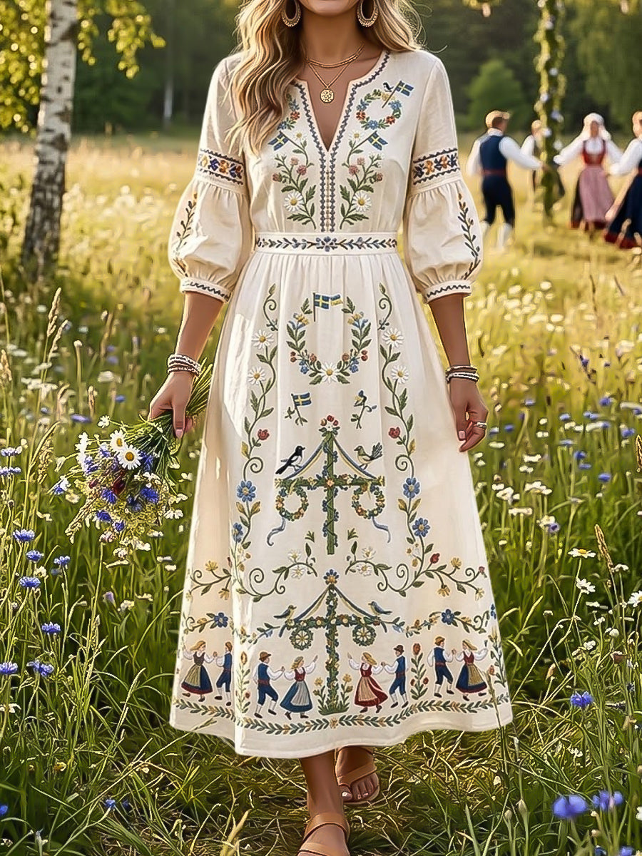Vintage Swedish Midsummer Colonne Style Floral Art Dress des femmes