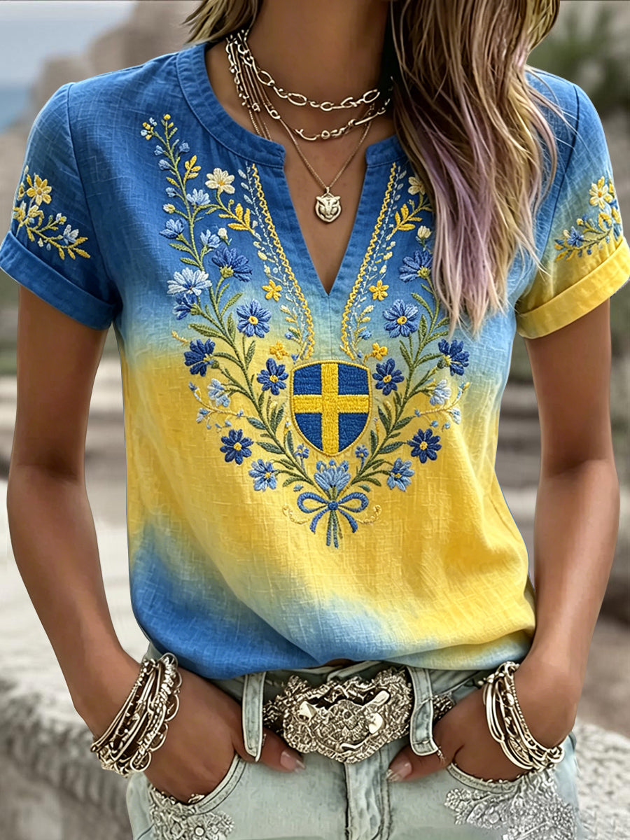 T-shirt rétro suédois pour femmes, motif floral du solstice d’été en dégradé, col en V