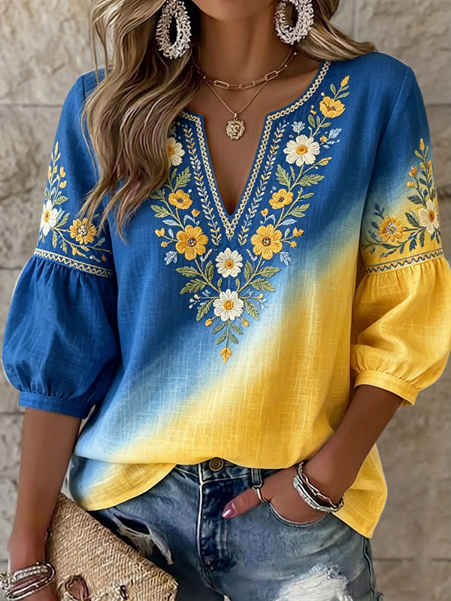 Femmes Rétro Swedish Midsummer Floral Patchwork V-Neck Top