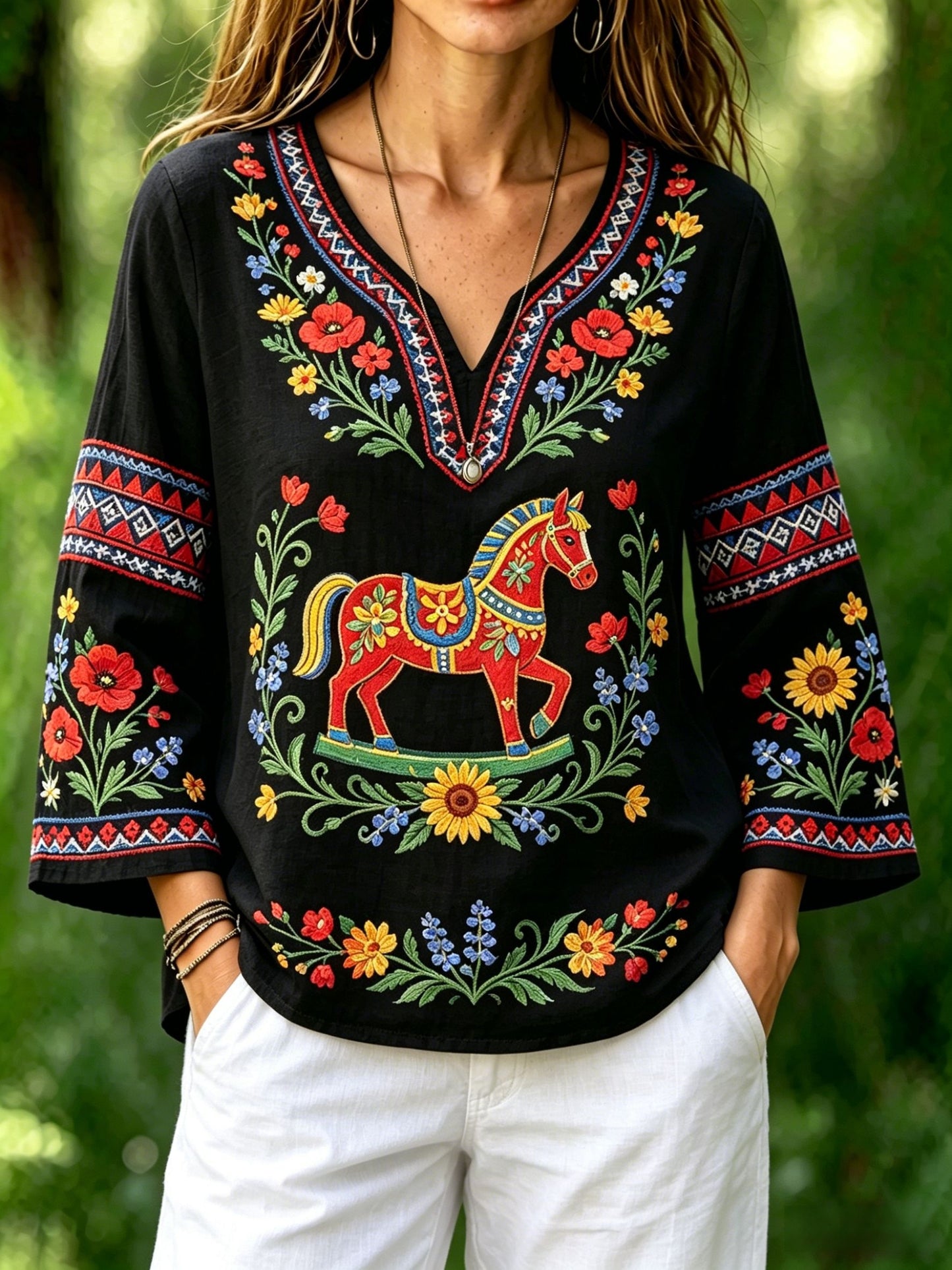 Chemise rétro suédoise de la Saint-Jean pour femmes, en coton-lin, à motifs floraux