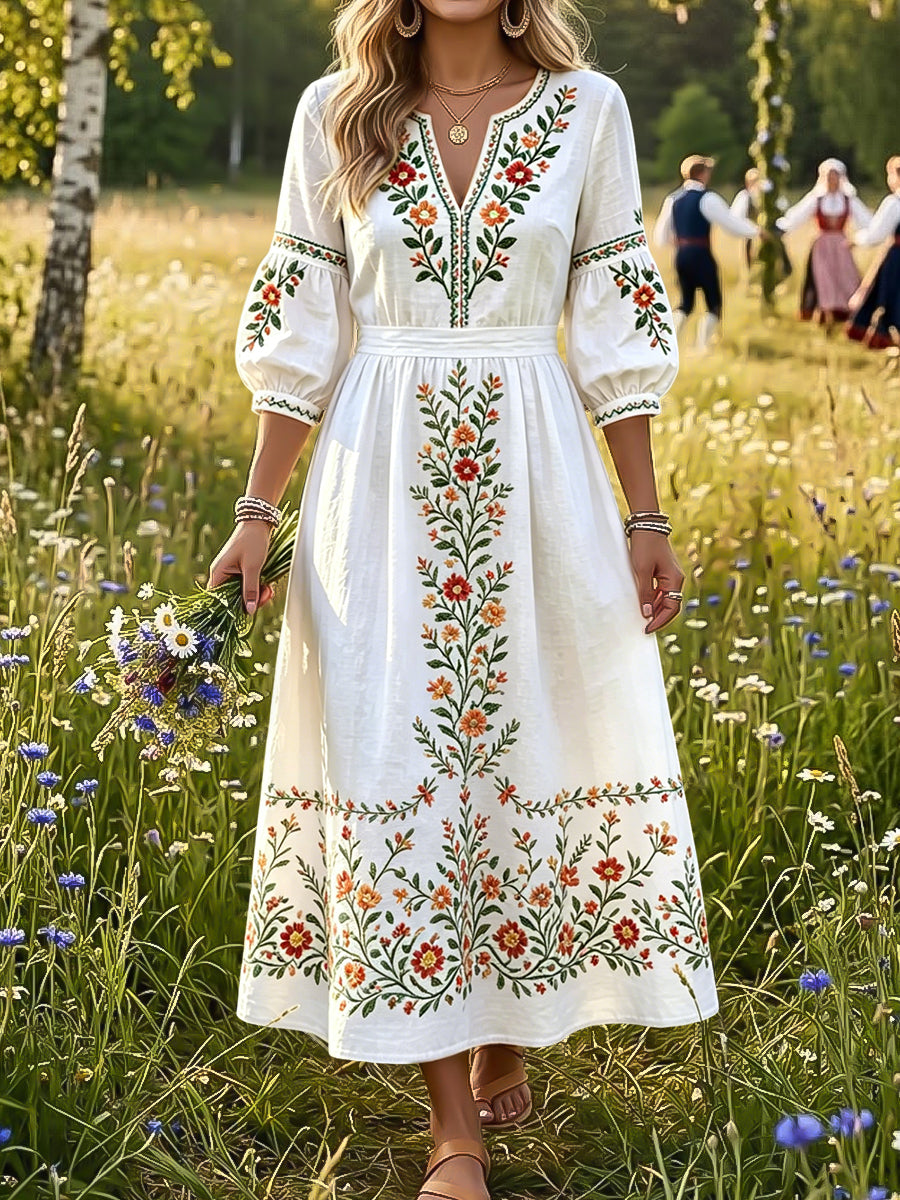 Robe vintage suédoise pour femmes, motif floral de la Saint-Jean, col en V