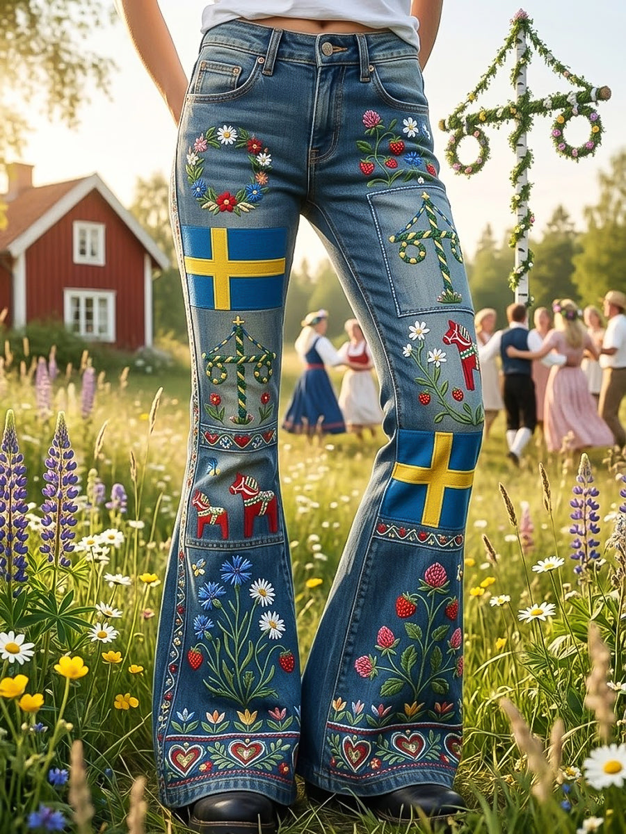 Pantalon évasé décontracté pour femme Swedish Midsummer Floral Patchwork