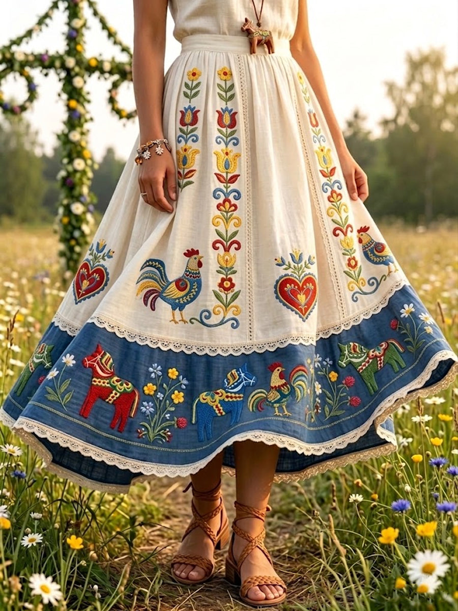 Jupe mi-longue à patchwork floral romantique rétro pour femmes