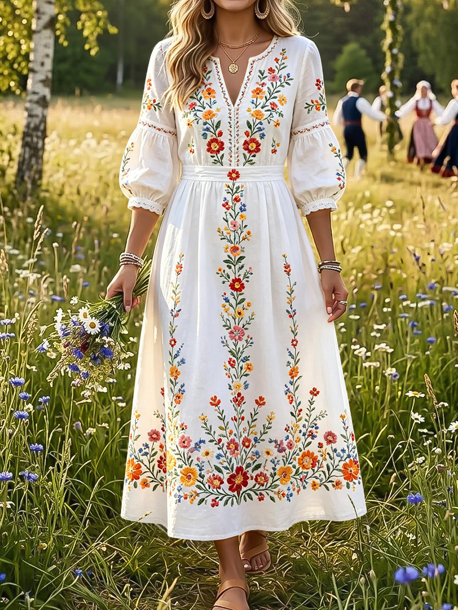 Vintage Country Floral Art V-Neck Robe Femme