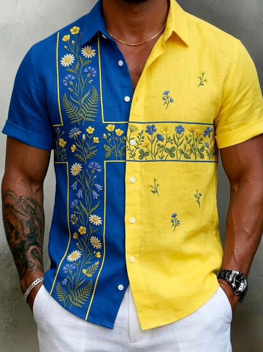 Chemises à manches courtes en coton-lin à fleurs rétro Swedish Midsummer Folk pour hommes