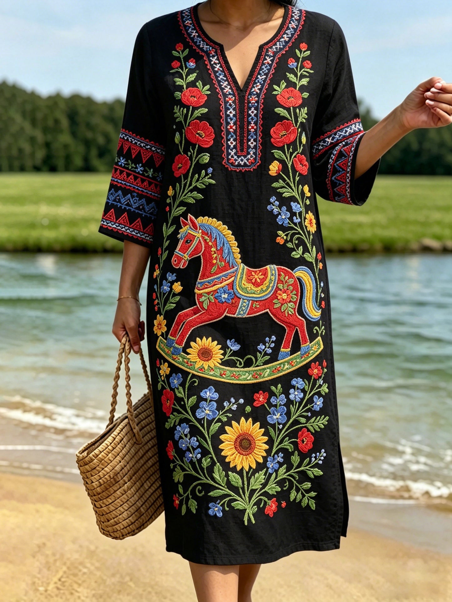 Robe rétro suédoise de la Saint-Jean pour femmes, en coton-lin, à motifs floraux