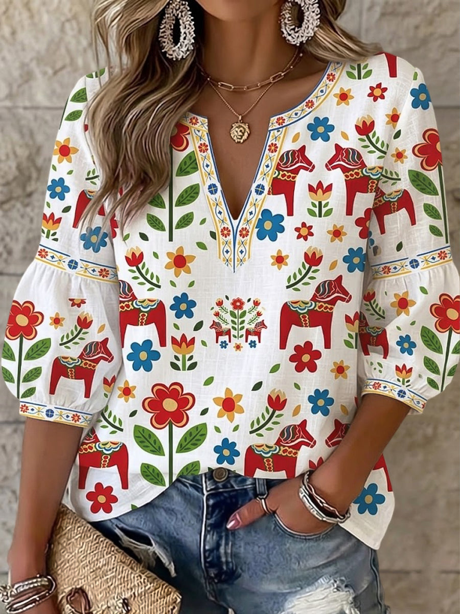 Vintage Swedish Dala Horse Floral Art V-Neck Top Femme