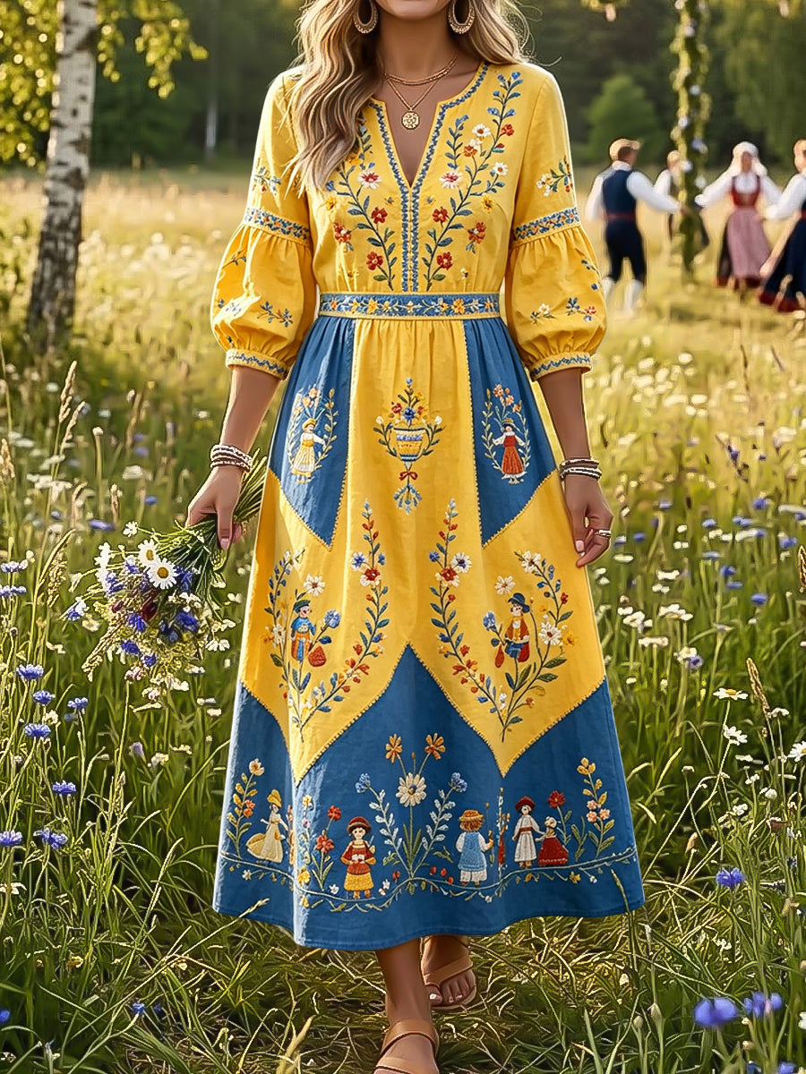 Femmes Rétro Midsummer Floral Patchwork Art V-Neck Robe