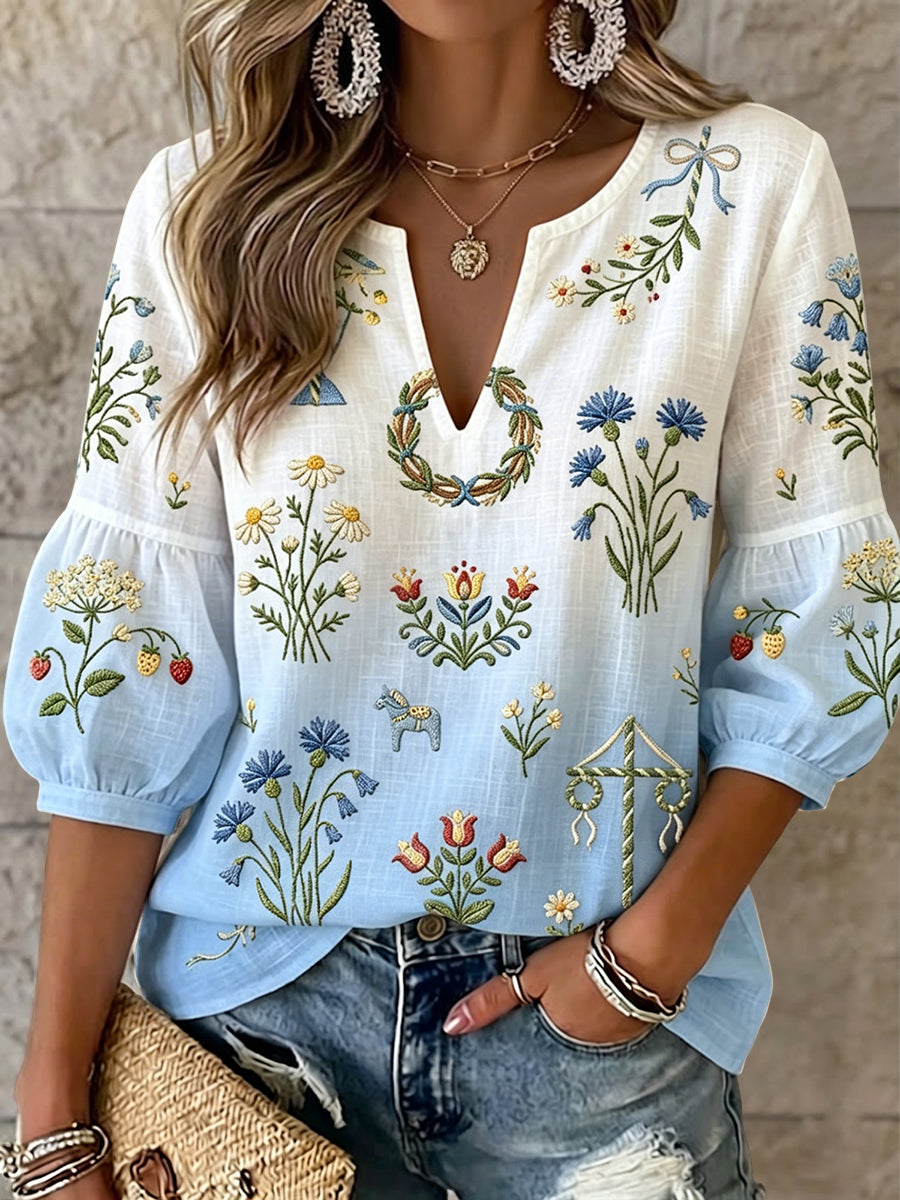 Femmes Rétro Midsummer Floral Gradient Art V-Neck Top