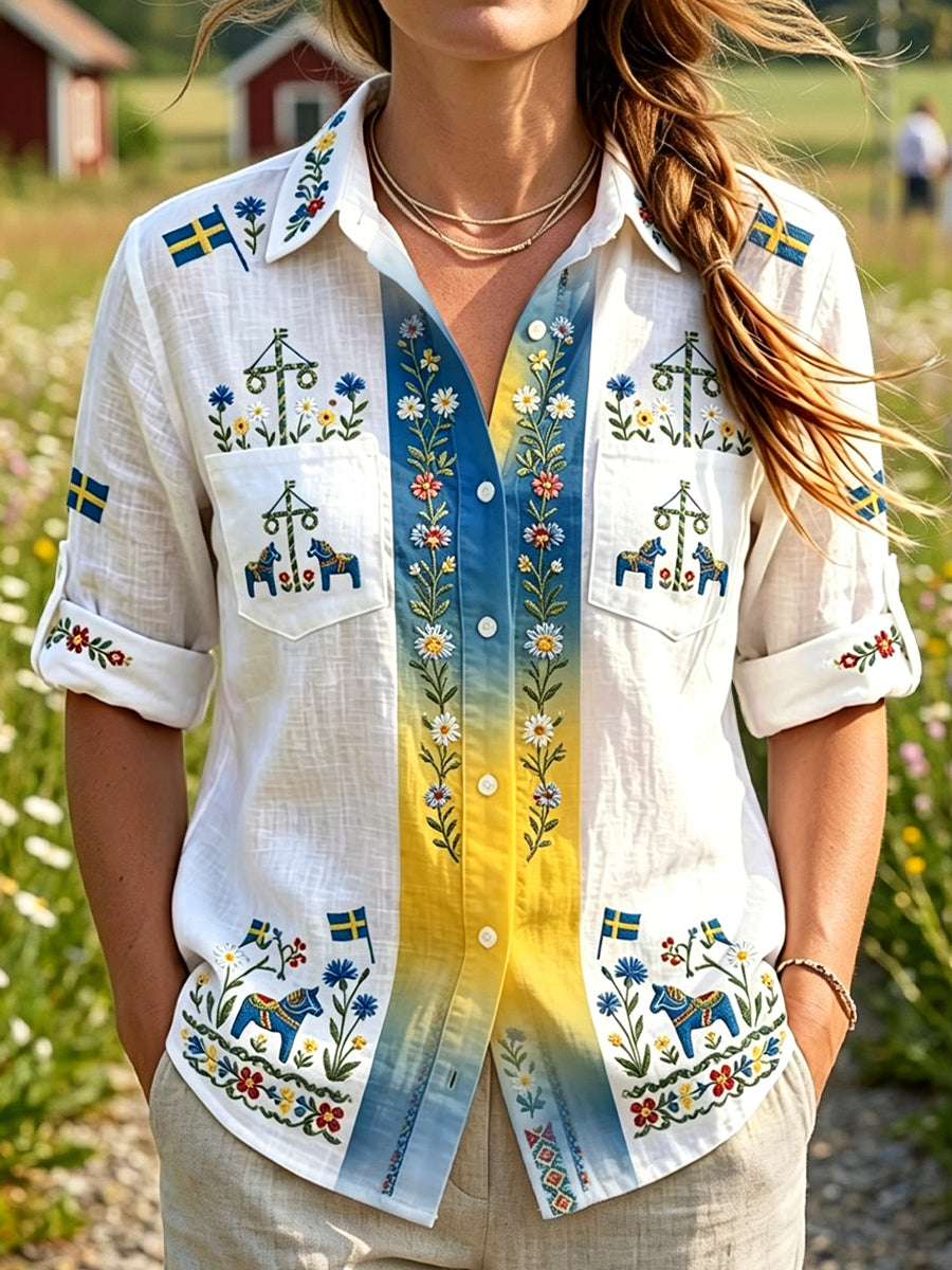 Vintage Swedish Midsummer Floral Art Casual Chemisier des femmes