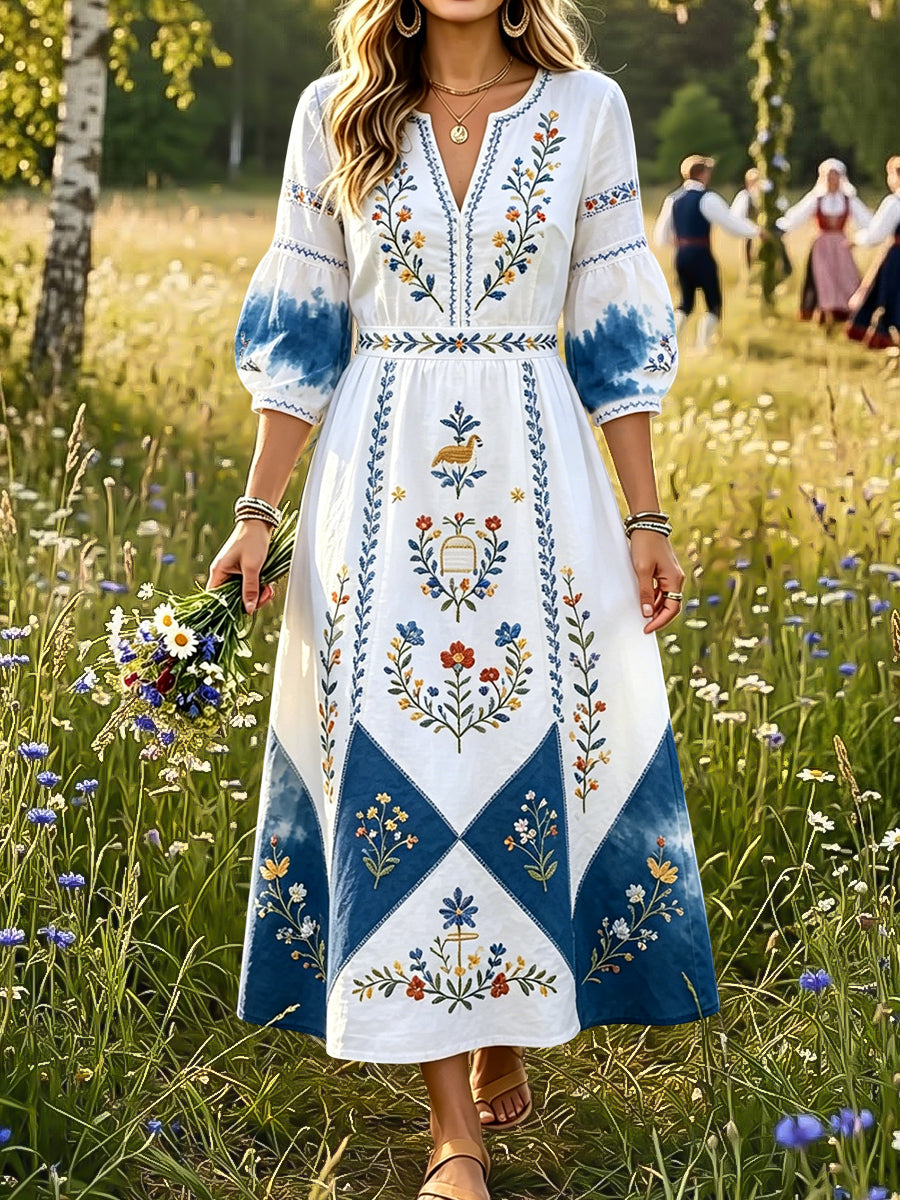 Rétro Midsummer Floral Tie-Dye Patchwork Art V-Neck Robe des femmes