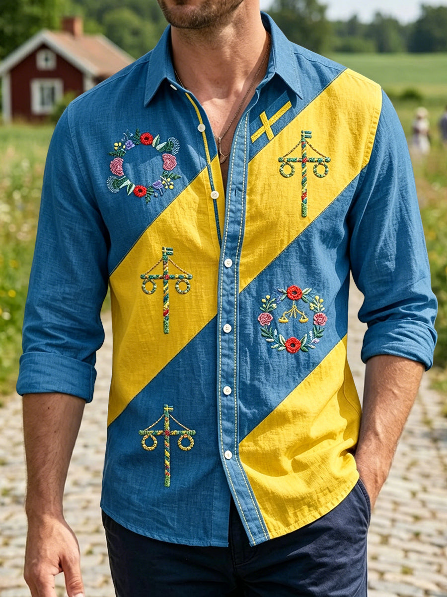 Vintage Swedish Midsummer Flower Wreath Patchwork Chemise décontractée pour hommes