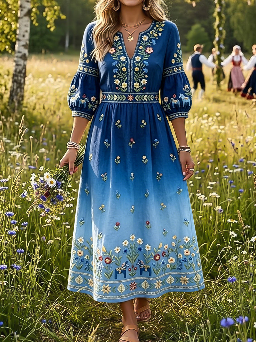 Retro Swedish Midsummer Floral Gradient Art V-Neck Robe Femme