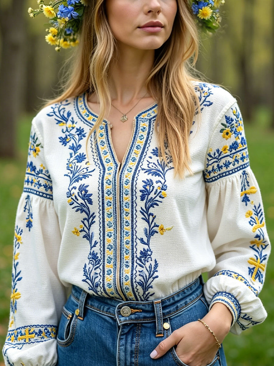 Tops décontractés en lin pour femmes, motif floral artistique, Suède