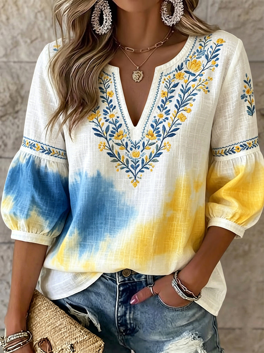 Rétro Midsummer Floral Tie-Dye Art V-Neck Top des femmes