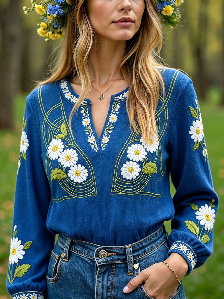 Tops décontractés en lin pour femmes, motif floral artistique, Suède
