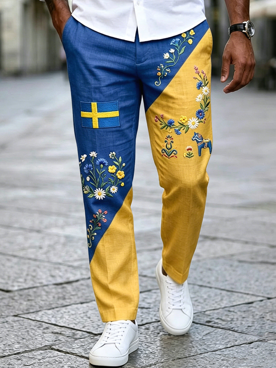 Hommes Rétro Suédois Midsummer Couronne Patchwork Coton-Lin Pantalon Décontracté