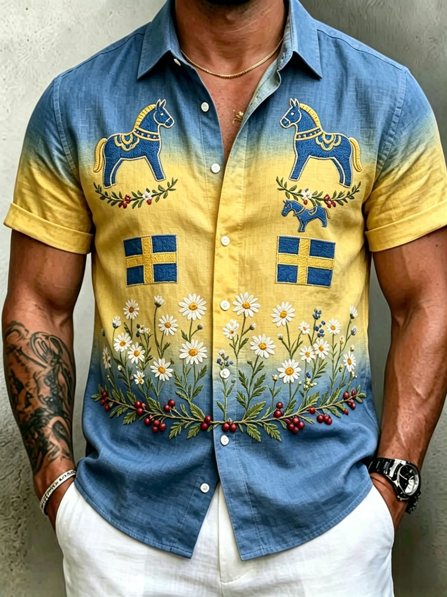 Chemises rétro suédoises de la Saint-Jean pour hommes, en coton-lin, à manches courtes, motif floral traditionnel