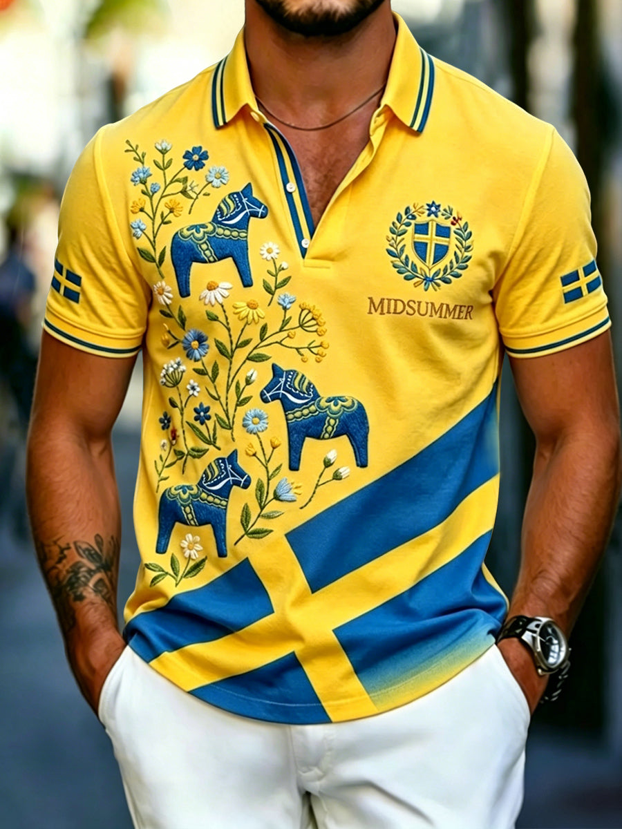 Polo décontracté rétro pour hommes Swedish Midsummer Patchwork
