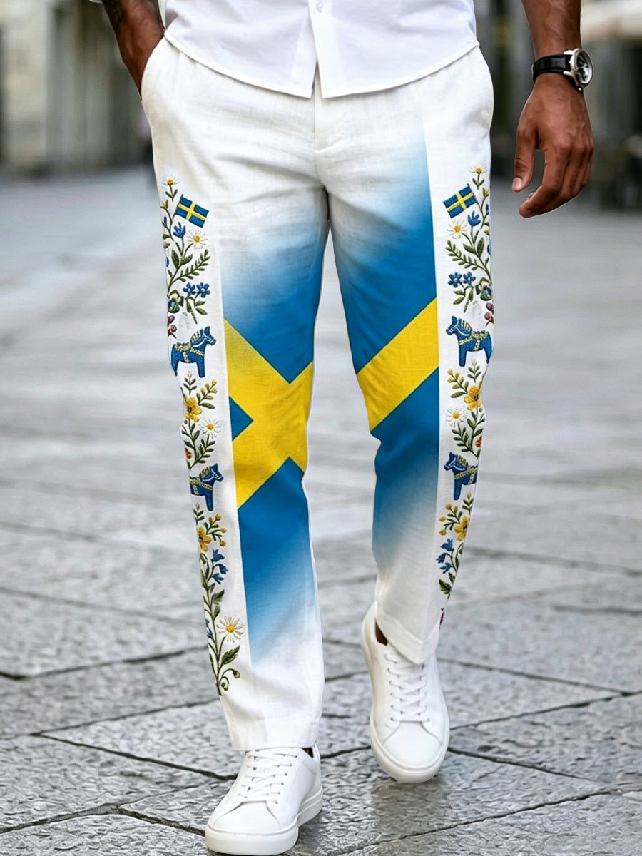 Hommes Rétro Swedish Midsummer Patchwork Coton-Lin Pantalon Décontracté