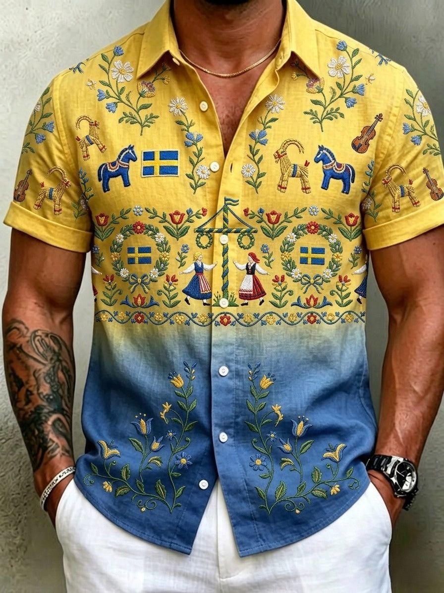 Chemises rétro suédoises de la Saint-Jean pour hommes, en coton-lin, à manches courtes, motif floral traditionnel
