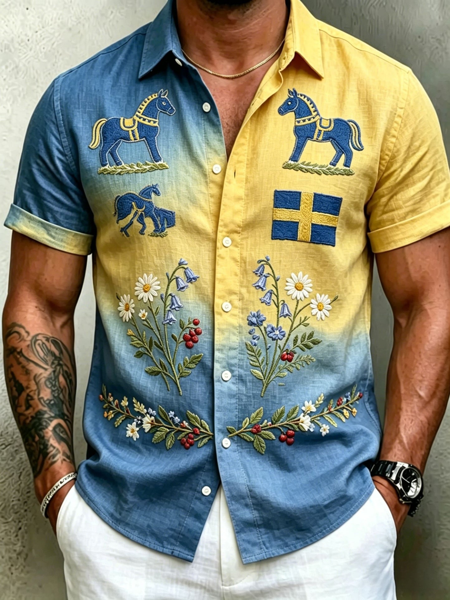 Chemises rétro suédoises de la Saint-Jean pour hommes, en coton-lin, à manches courtes, motif floral traditionnel