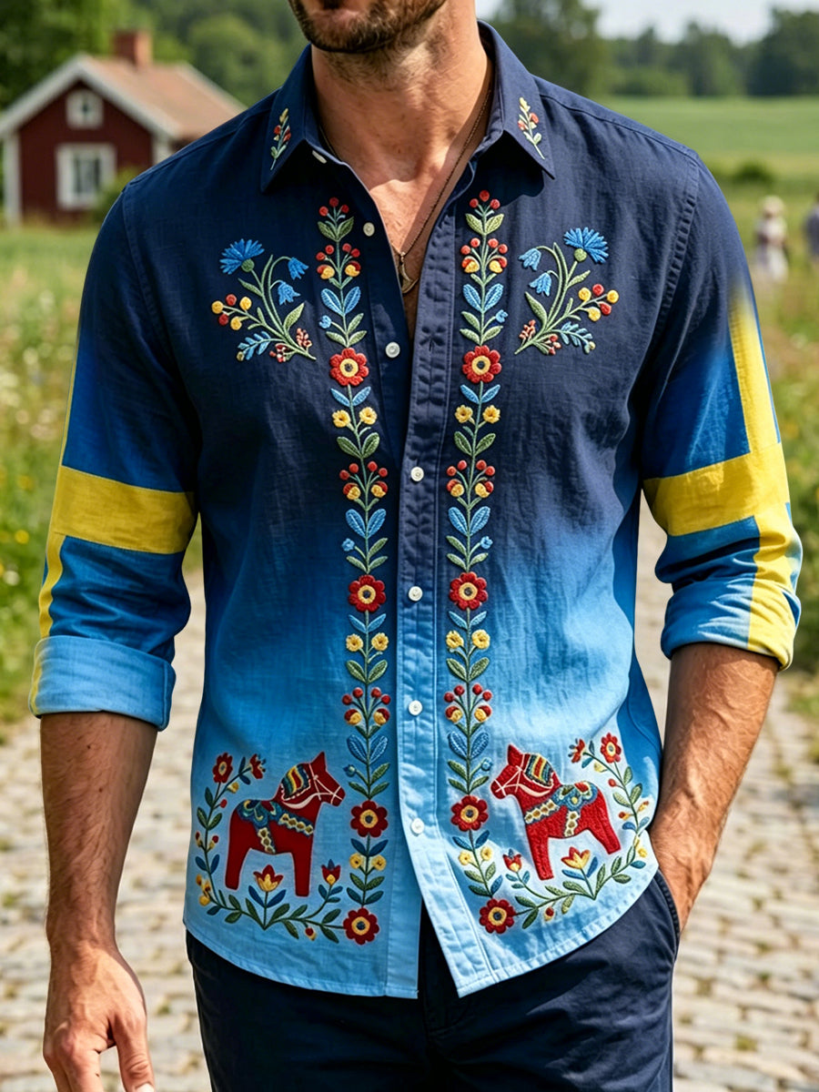 Chemise décontractée rétro suédoise Midsummer Floral Carousel pour hommes