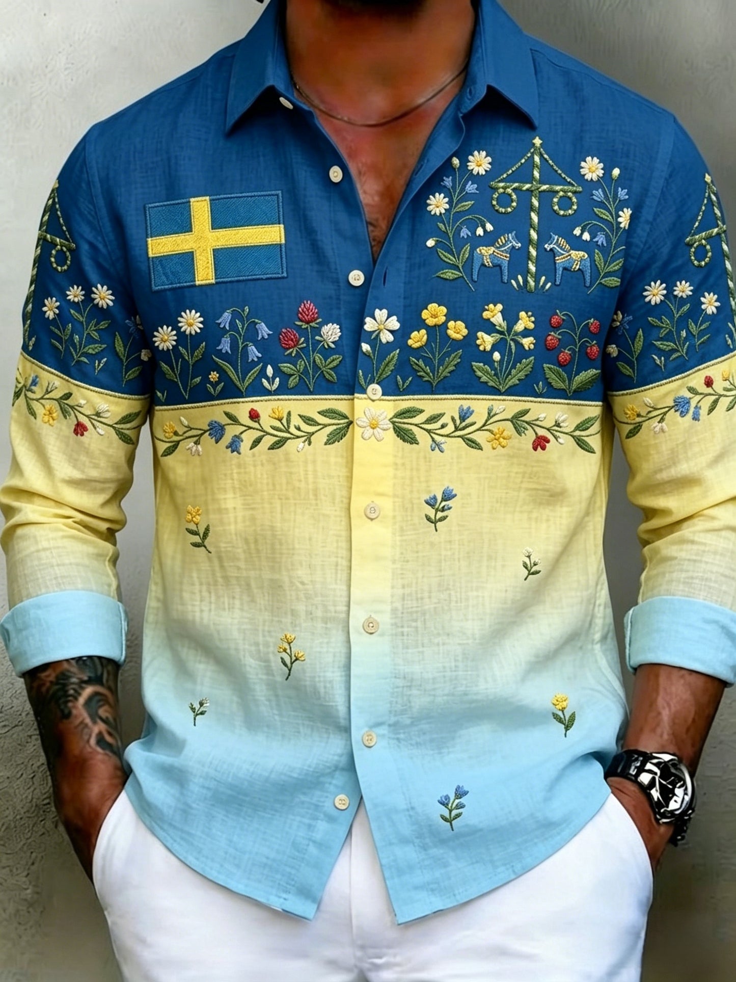 Chemise Homme à Manches Longues Retro Swedish Midsummer Folk Floral Coton-Lin
