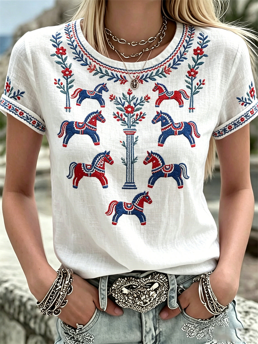 Swedish Midsummer Print T-shirt décontracté pour femmes