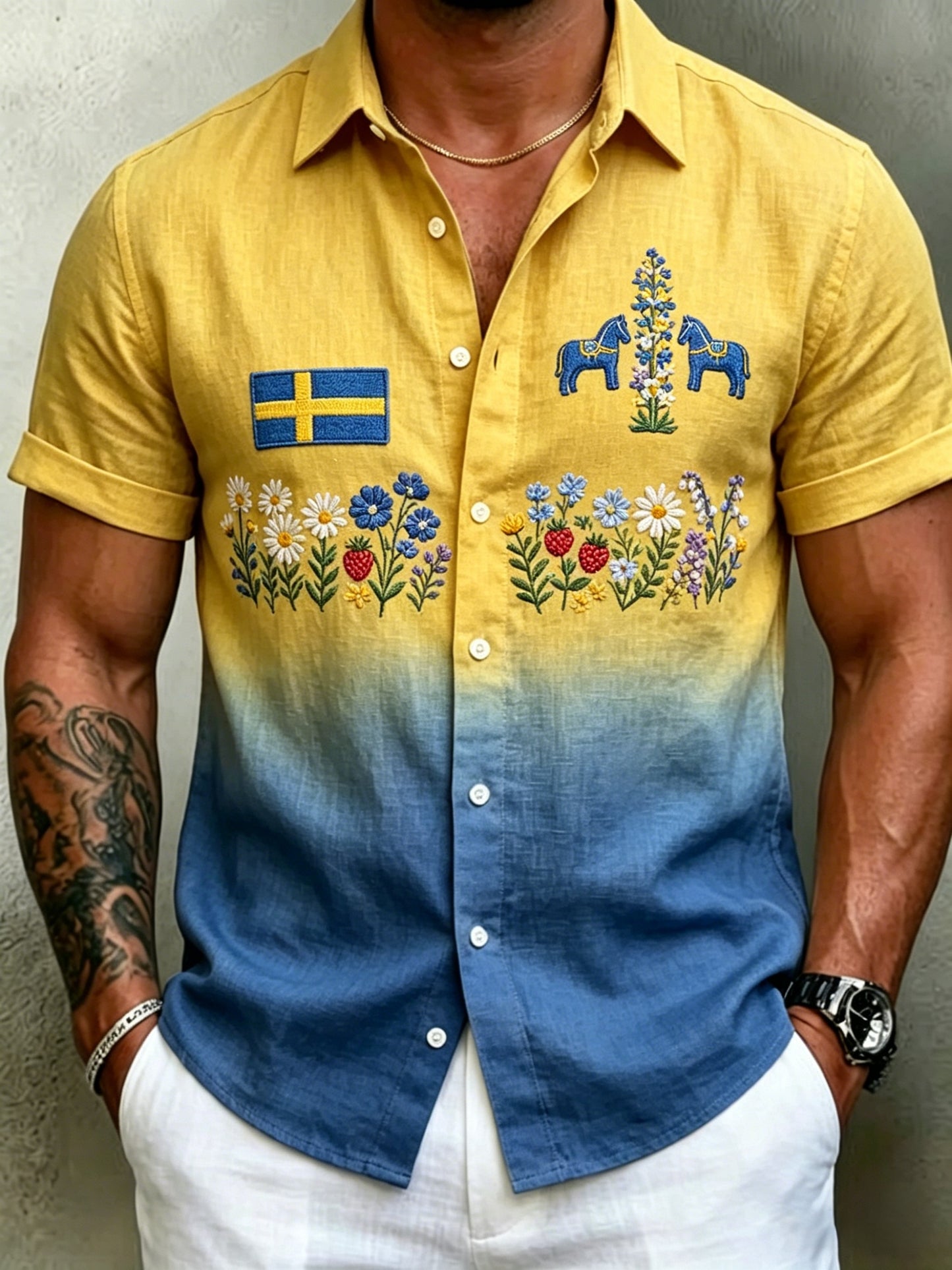 Chemises rétro suédoises de la Saint-Jean pour hommes, en coton-lin, à manches courtes, motif floral traditionnel