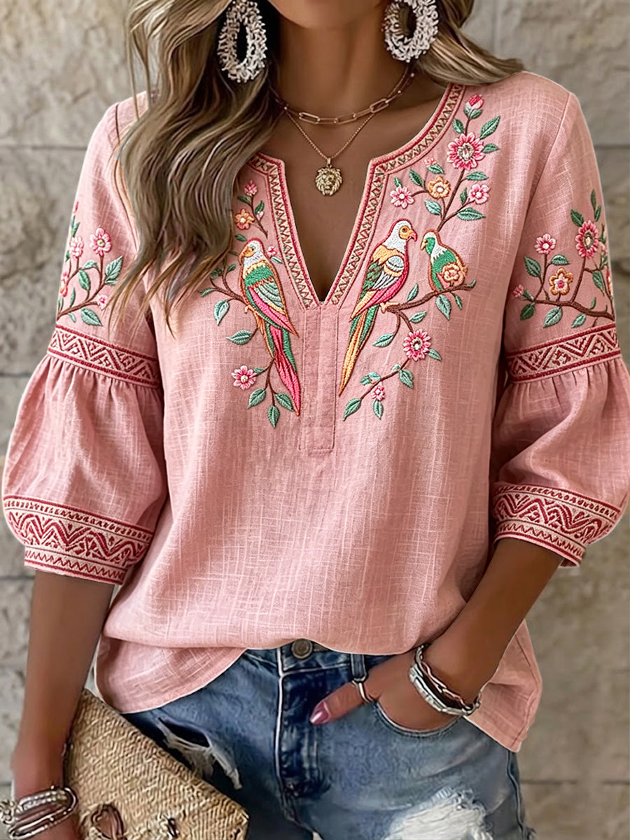 T-shirt décontracté pour femme, en coton-lin, col en V, imprimé 3D floral et oiseaux, couleur rose