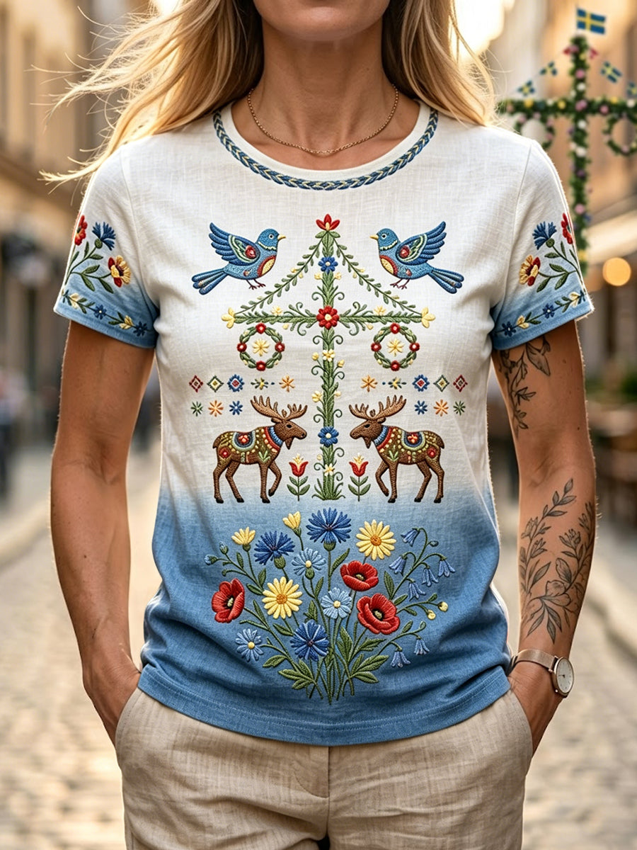 T-shirt rétro suédois pour femmes, motif floral de la Saint-Jean, en coton-lin
