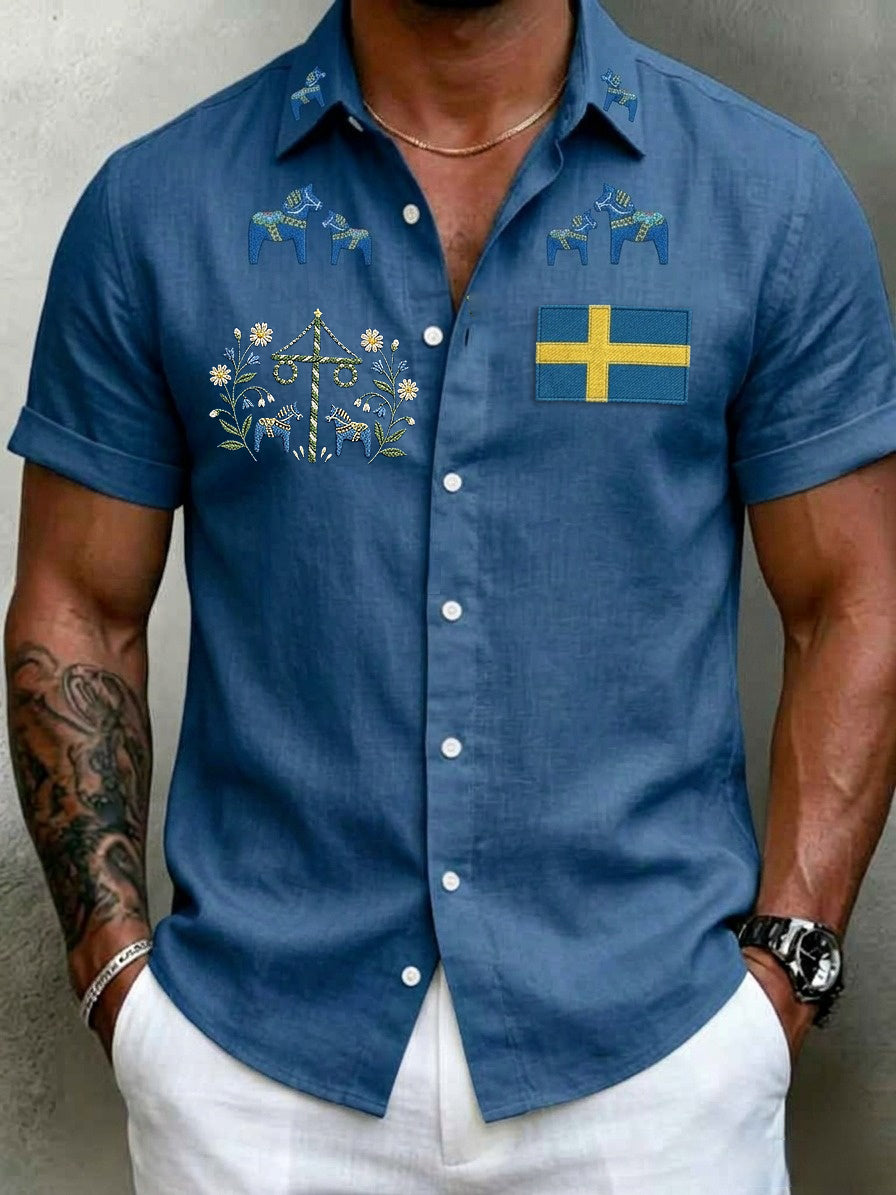Chemises rétro suédoises de la Saint-Jean pour hommes, en coton-lin, à manches courtes, motif floral traditionnel