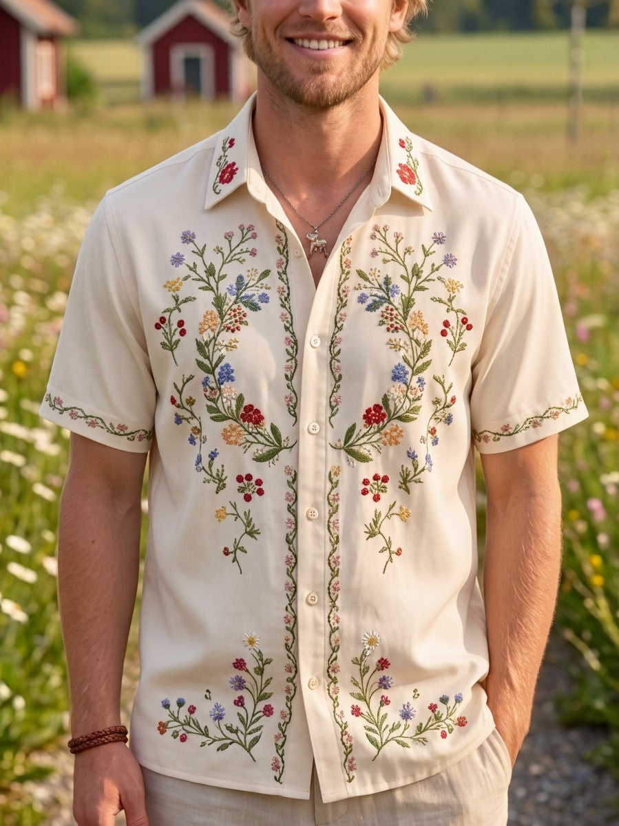 Chemises rétro suédoises de la Saint-Jean pour hommes, en coton-lin, à manches courtes, motif floral traditionnel