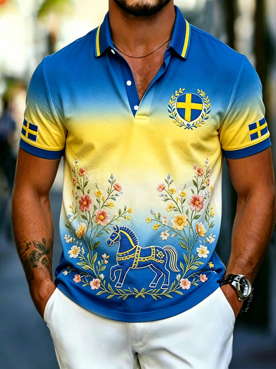 Polo décontracté rétro suédois pour hommes, dégradé, fête de la Saint-Jean