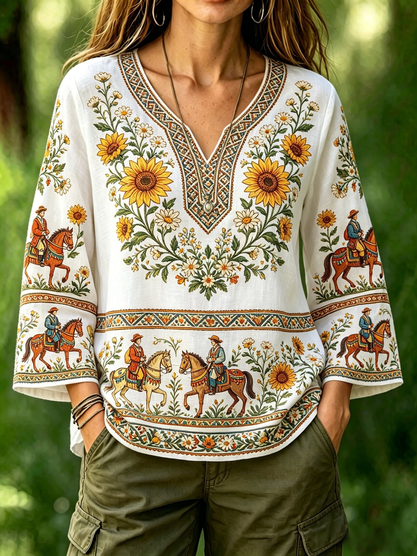 Chemisier rétro suédois pour femmes, style fête de la Saint-Jean, motif floral, en coton-lin