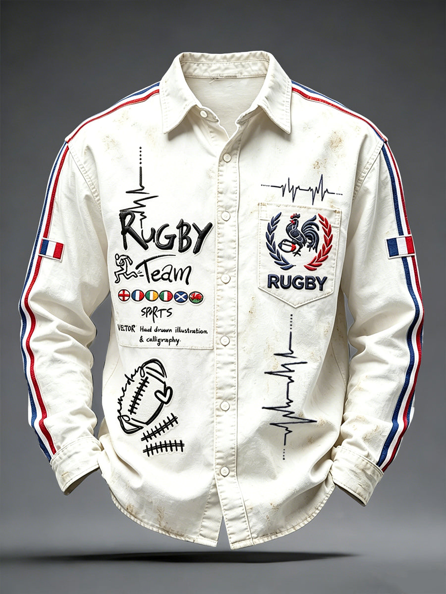 Chemise décontractée pour homme, style vintage français, rugby, patchwork, imprimée