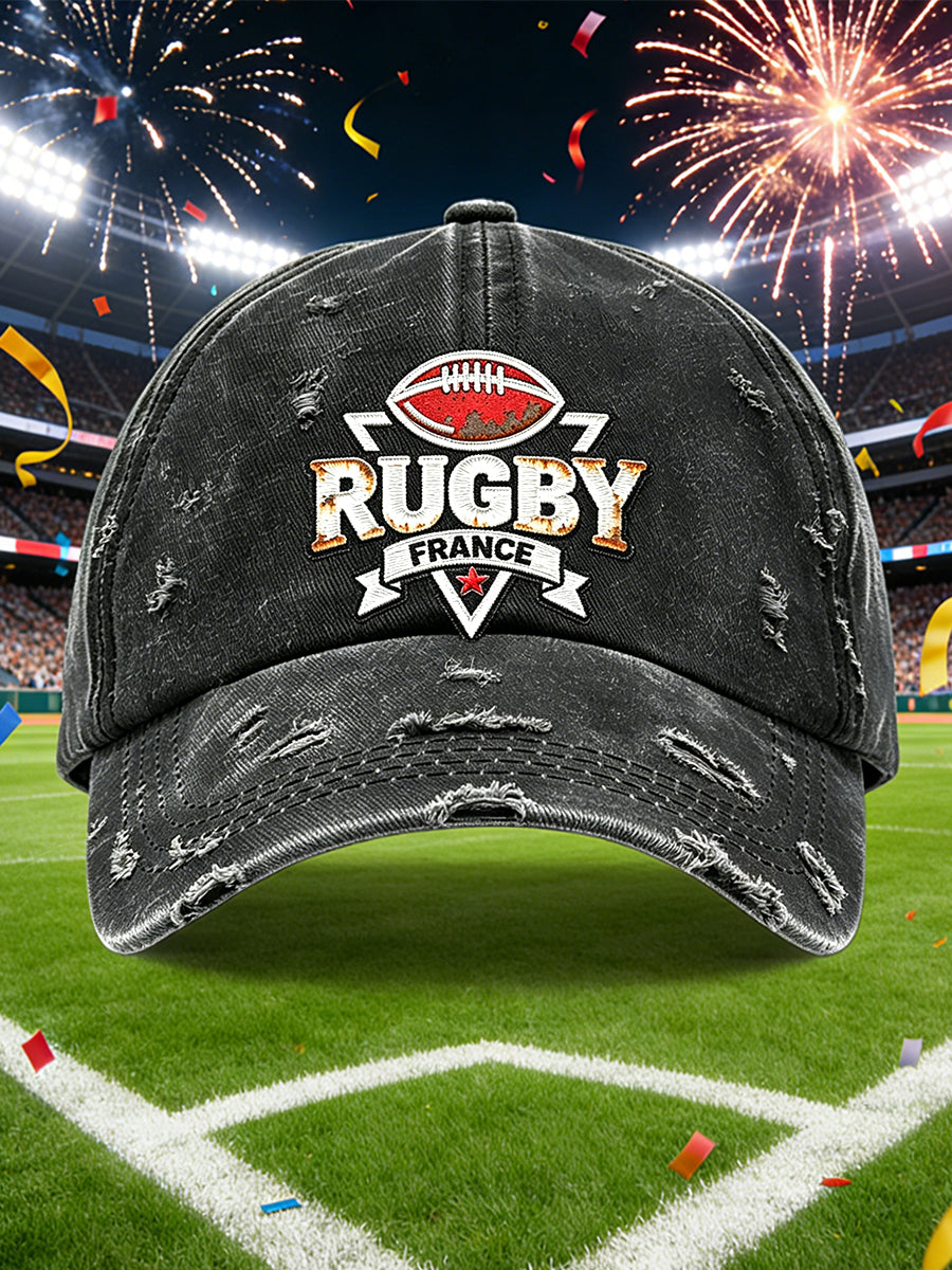 Chapeau décontracté vintage noir de style rugby français à imprimé usé