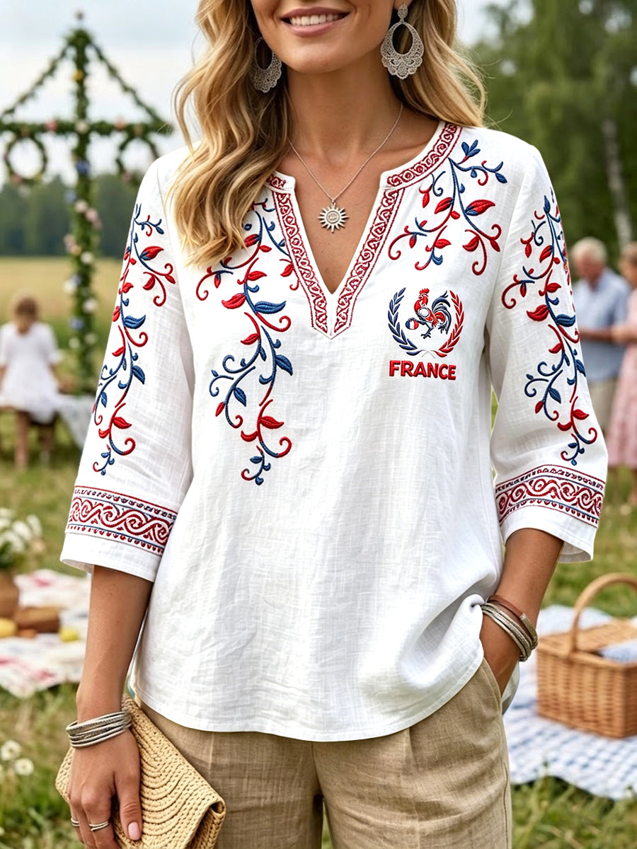 T-shirt femme blanc à col en V, en coton-lin, avec imprimé floral 3D du coq français, style décontracté