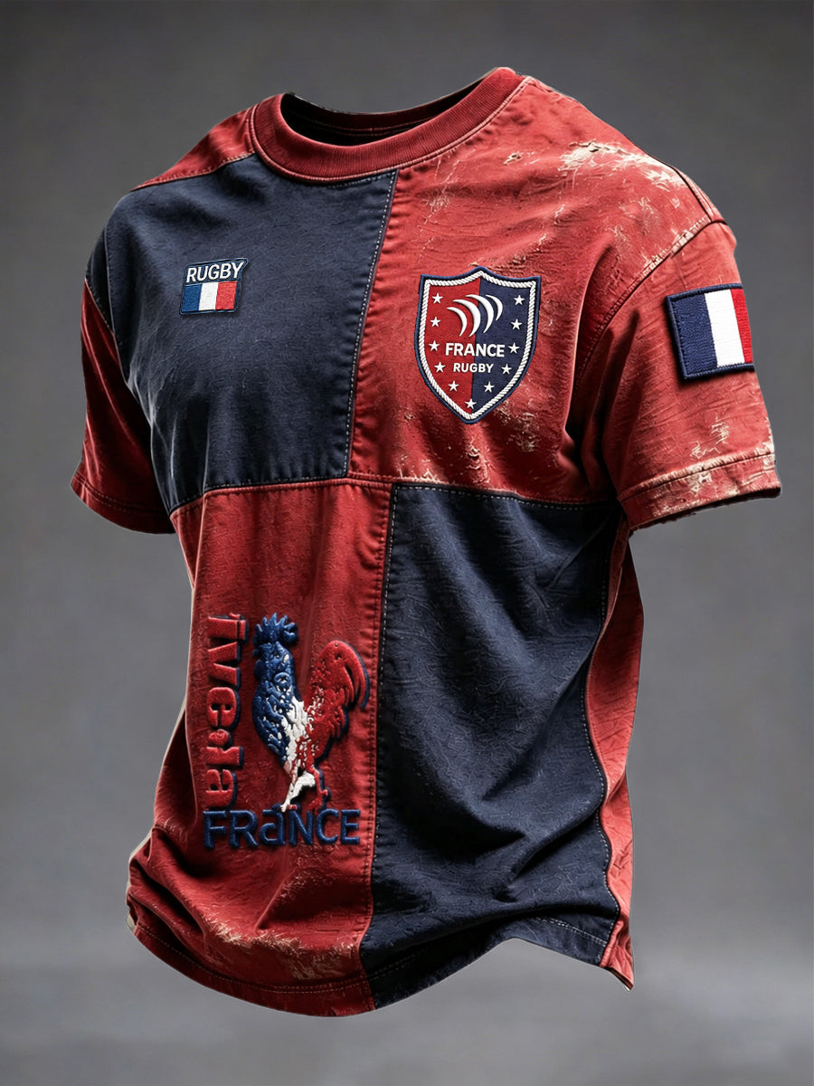 French Rooster Rugby Retro Patchwork Imprimer T-shirt décontracté pour hommes