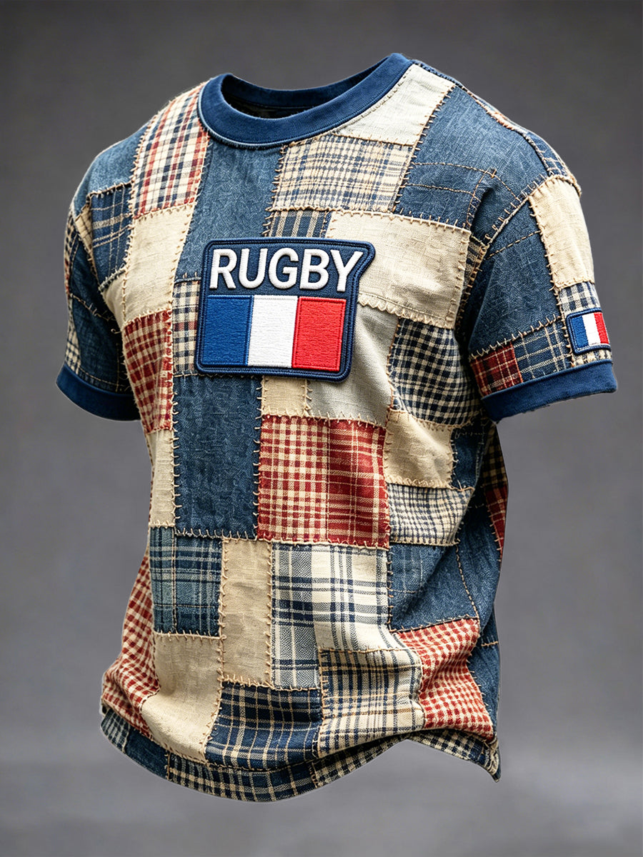 T-shirt décontracté rétro imprimé patchwork de rugby drapeau français pour hommes