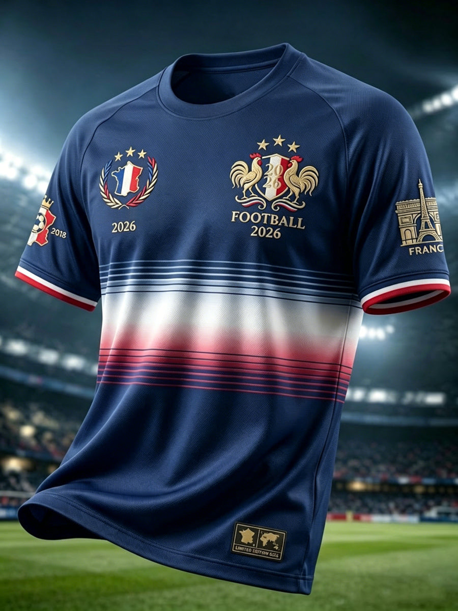 T-shirt décontracté rétro français 2026 à rayures et dégradé pour le football