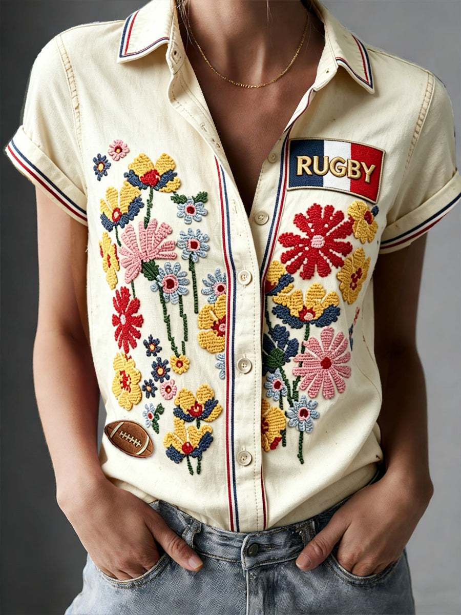 Chemise décontractée à manches courtes pour femme, style vintage, imprimé floral français rugby