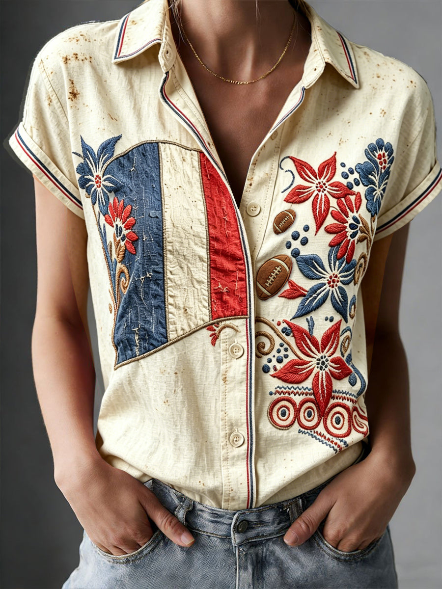 Chemise décontractée à manches courtes pour femme, style vintage, imprimé floral français rugby