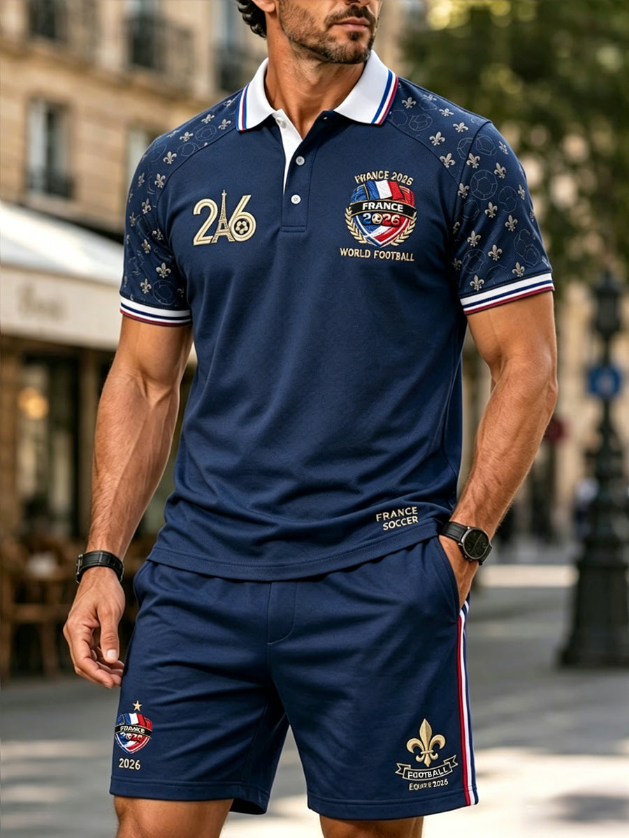 Ensemble décontracté polo et short patchwork rétro français pour les fans de football 2026