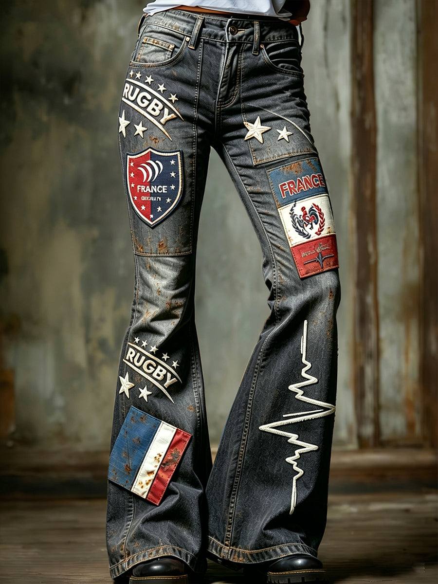 Pantalon décontracté rétro évasé pour femme, gris foncé, patchwork à motif rugby français