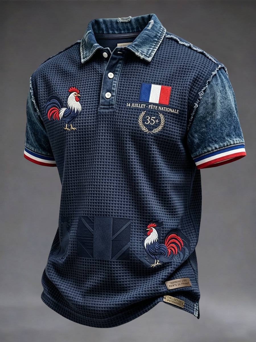 Polo rétro de style français, décontracté, en tissu gauffré pour la Fête nationale