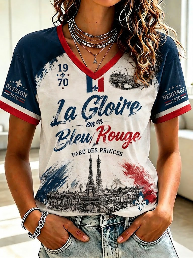 T-shirt femme La Gloire en bleu rouge, imprimé football, col en V