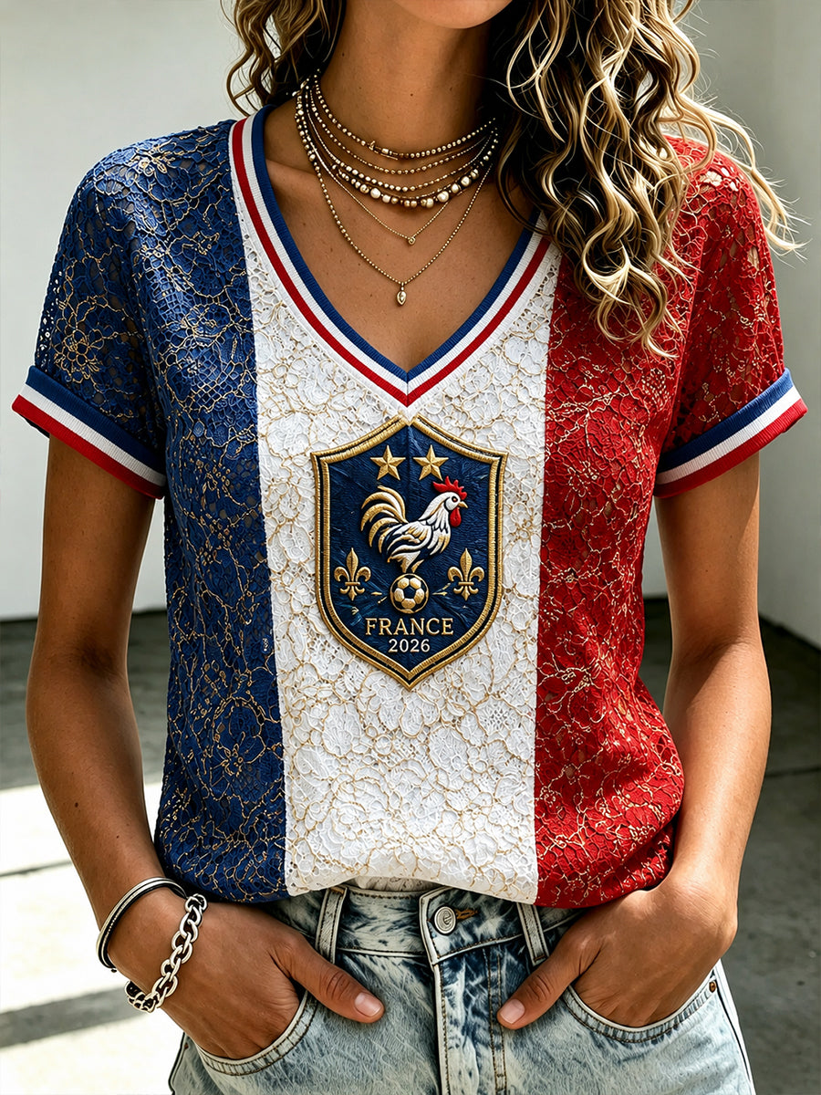 Chemise en lin à col V pour femme, motif France Football
