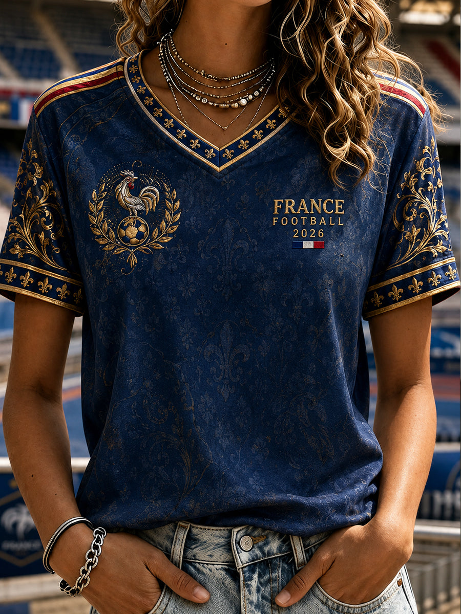T-shirt rétro à manches courtes et col en V pour hommes, imprimé France Football